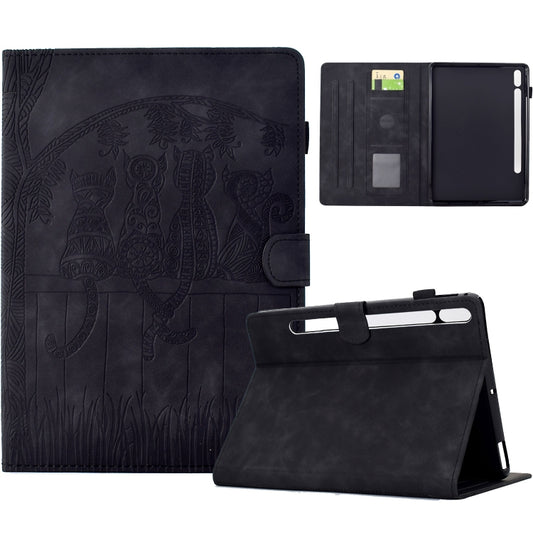 For Samsung Galaxy Tab S9 / S9 FE Cats Embossed Leather Smart Tablet Case(Black) by bashfashion