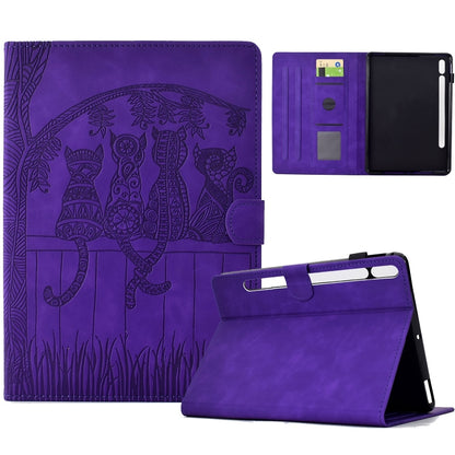 For Samsung Galaxy Tab S9 / S9 FE Cats Embossed Leather Smart Tablet Case(Purple) by bashfashion