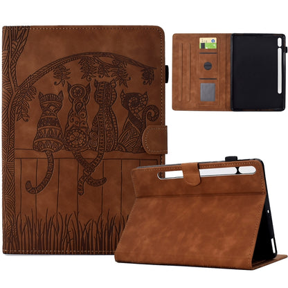 For Samsung Galaxy Tab S8 / S7 Cats Embossed Leather Smart Tablet Case(Brown) by bashfashion