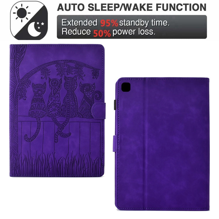 For Samsung Galaxy Tab A7 2020 T500 Cats Embossed Leather Smart Tablet Case(Purple) by bashfashion