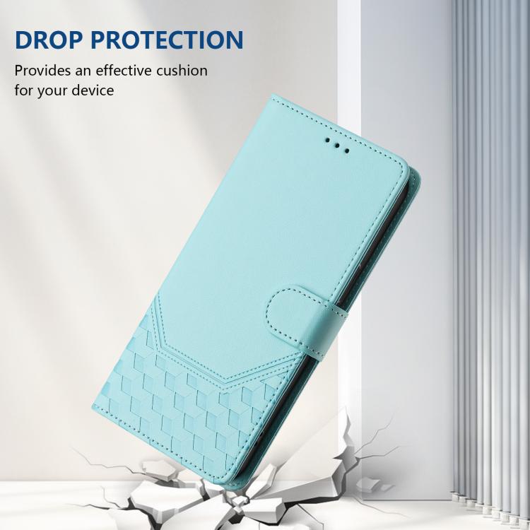 For iPhone 16e Honeycomb Embossing RFID Leather Phone Case(Mint Green) by bashfashion
