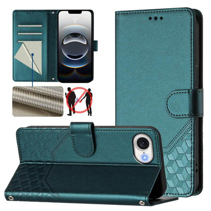 For iPhone 16e Honeycomb Embossing RFID Leather Phone Case(Peacock Green) by bashfashion