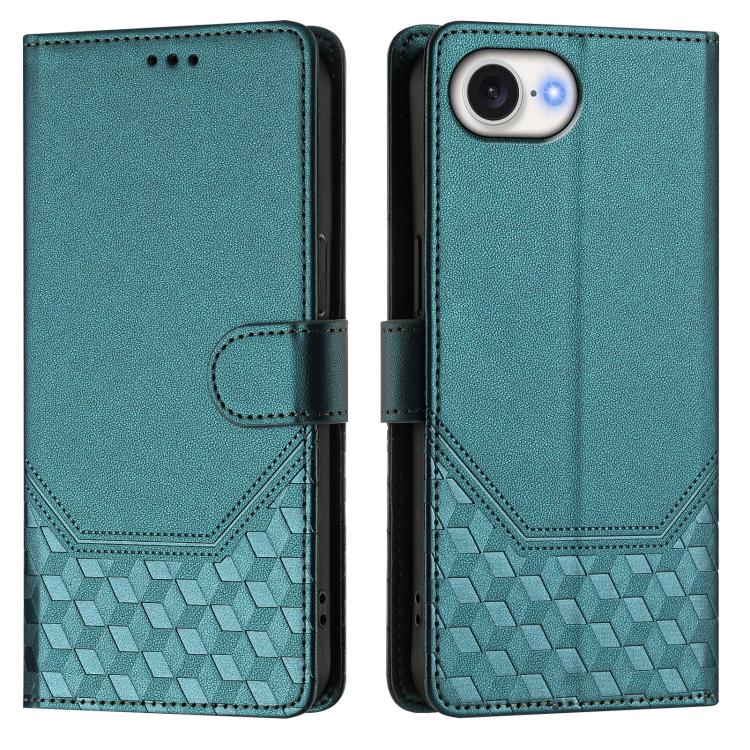 For iPhone 16e Honeycomb Embossing RFID Leather Phone Case(Peacock Green) by bashfashion