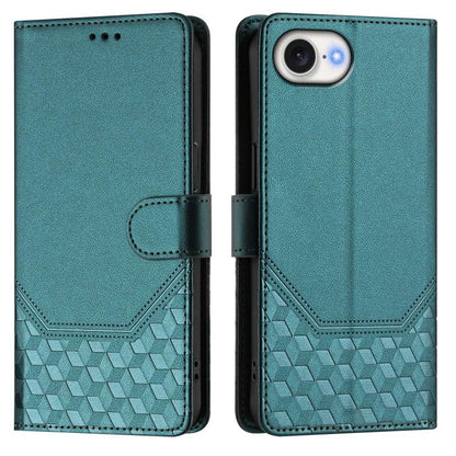 For iPhone 16e Honeycomb Embossing RFID Leather Phone Case(Peacock Green) by bashfashion