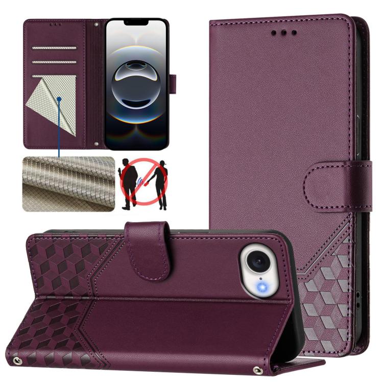 For iPhone 16e Honeycomb Embossing RFID Leather Phone Case(Violet) by bashfashion