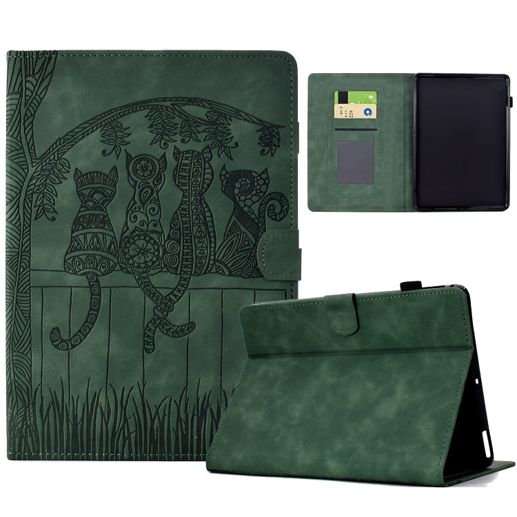 For Amazon Kindle Paperwhite 12th Gen 2024 Cats Embossed Leather Smart Tablet Case(Green) by bashfashion