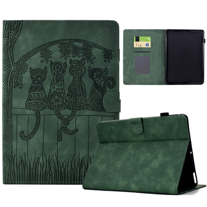 For Amazon Kindle Paperwhite 12th Gen 2024 Cats Embossed Leather Smart Tablet Case(Green) by bashfashion