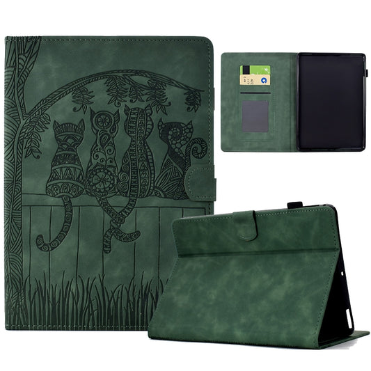 For Amazon Kindle Paperwhite 12th Gen 2024 Cats Embossed Leather Smart Tablet Case(Green) by bashfashion