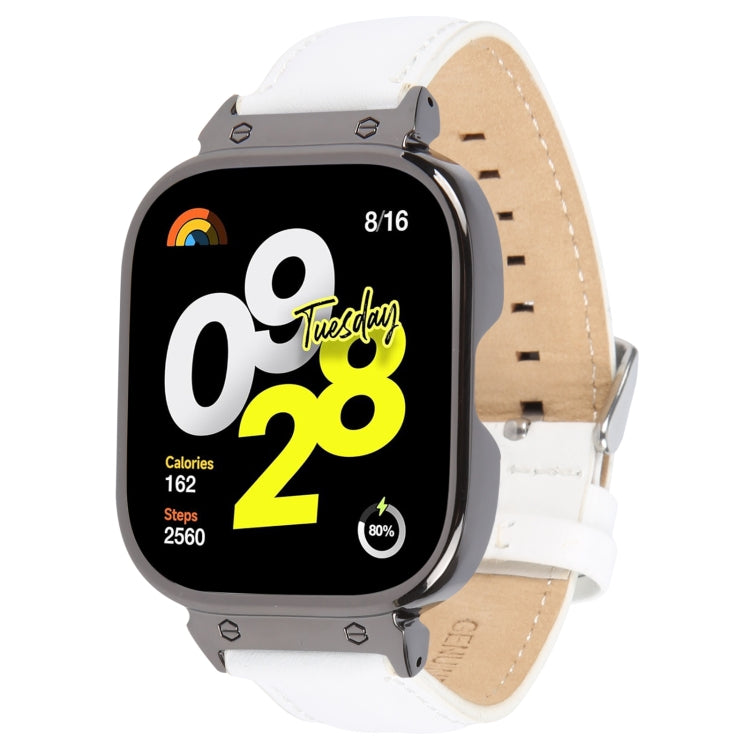 For Redmi Watch 4 Metal Black Frame Genuine Leather Watch Band(White) by bashfashion
