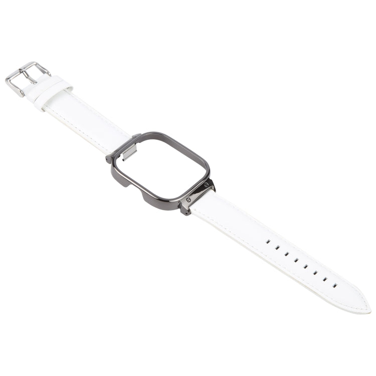For Redmi Watch 4 Metal Black Frame Genuine Leather Watch Band(White) by bashfashion