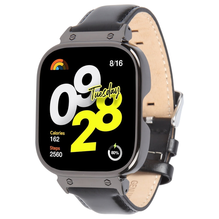For Redmi Watch 4 Metal Black Frame Genuine Leather Watch Band(Black) by bashfashion