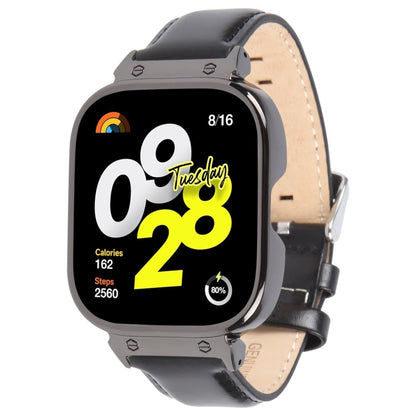 For Redmi Watch 4 Metal Black Frame Genuine Leather Watch Band(Black) by bashfashion