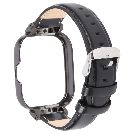 For Redmi Watch 4 Metal Black Frame Genuine Leather Watch Band(Black) by bashfashion