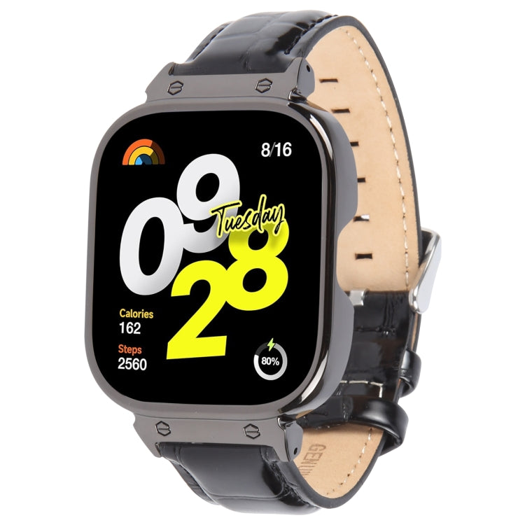 For Redmi Watch 4 Metal Black Frame Genuine Leather Watch Band(Bamboo Black) by bashfashion