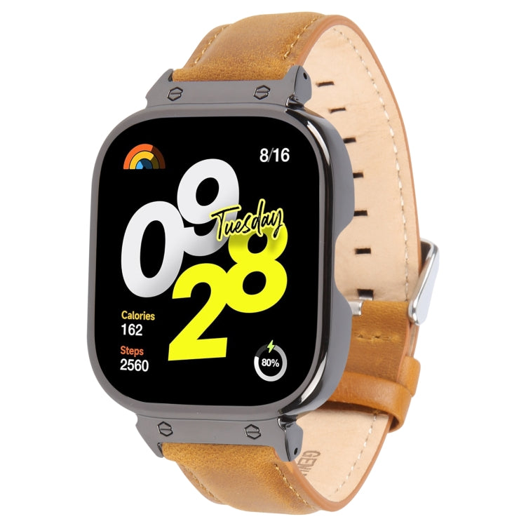 For Redmi Watch 4 Metal Black Frame Genuine Leather Watch Band(Light Brown) by bashfashion