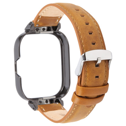 For Redmi Watch 4 Metal Black Frame Genuine Leather Watch Band(Light Brown) by bashfashion