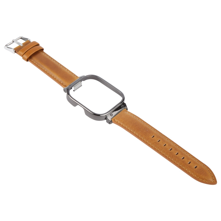 For Redmi Watch 4 Metal Black Frame Genuine Leather Watch Band(Light Brown) by bashfashion