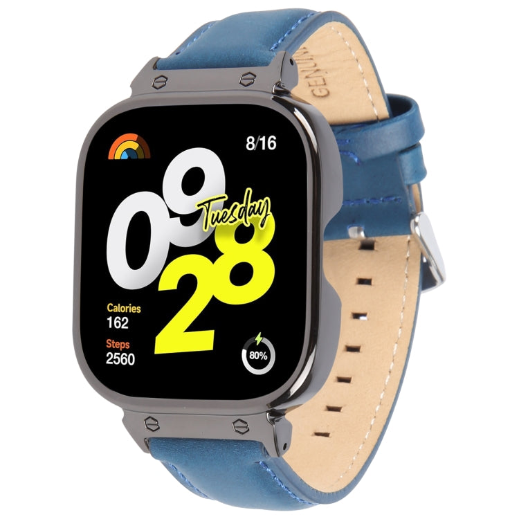 For Redmi Watch 4 Metal Black Frame Genuine Leather Watch Band(Blue) by bashfashion