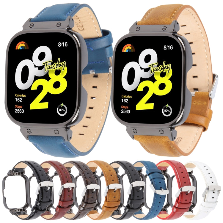 For Redmi Watch 4 Metal Black Frame Genuine Leather Watch Band(Light Brown) by bashfashion