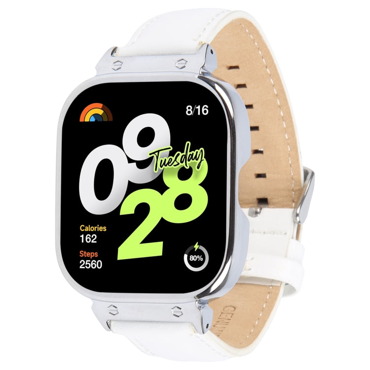 For Redmi Watch 4 Metal Silver Frame Genuine Leather Watch Band(White) by bashfashion