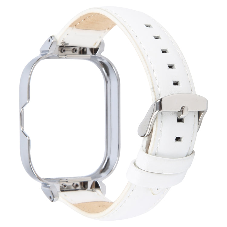 For Redmi Watch 4 Metal Silver Frame Genuine Leather Watch Band(White) by bashfashion