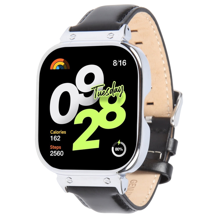 For Redmi Watch 4 Metal Silver Frame Genuine Leather Watch Band(Black) by bashfashion