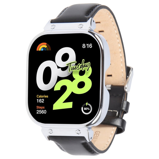 For Redmi Watch 4 Metal Silver Frame Genuine Leather Watch Band(Black) by bashfashion