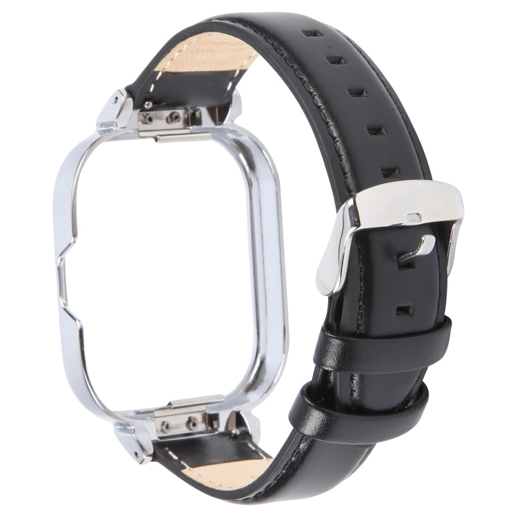 For Redmi Watch 4 Metal Silver Frame Genuine Leather Watch Band(Black) by bashfashion