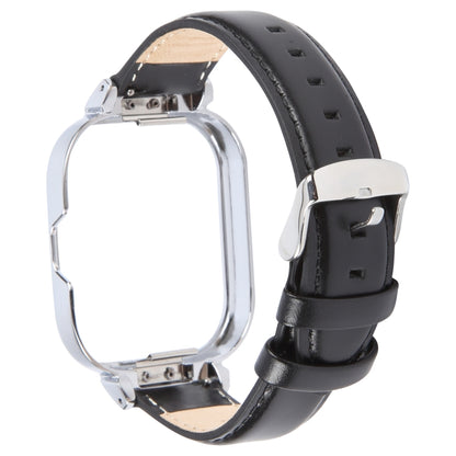 For Redmi Watch 4 Metal Silver Frame Genuine Leather Watch Band(Black) by bashfashion