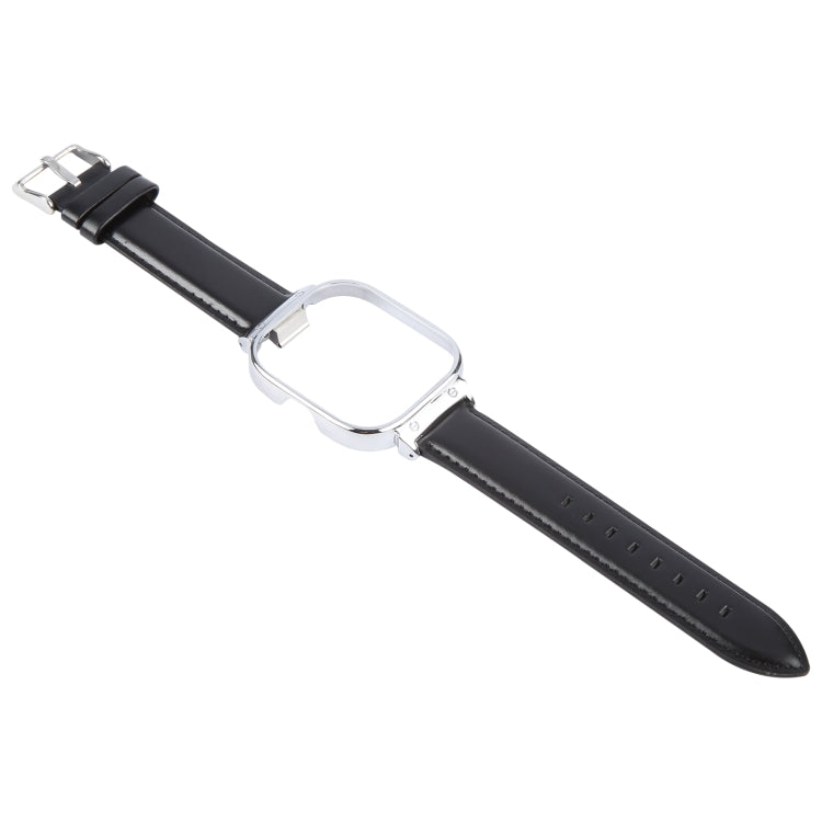 For Redmi Watch 4 Metal Silver Frame Genuine Leather Watch Band(Black) by bashfashion