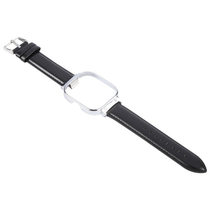 For Redmi Watch 4 Metal Silver Frame Genuine Leather Watch Band(Black) by bashfashion