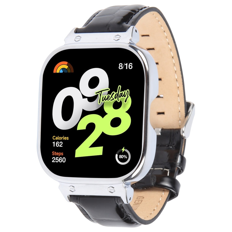 For Redmi Watch 4 Metal Silver Frame Genuine Leather Watch Band(Bamboo Black) by bashfashion