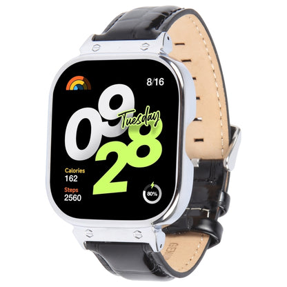 For Redmi Watch 4 Metal Silver Frame Genuine Leather Watch Band(Bamboo Black) by bashfashion