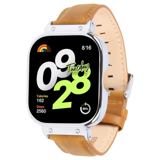 For Redmi Watch 4 Metal Silver Frame Genuine Leather Watch Band(Light Brown) by bashfashion