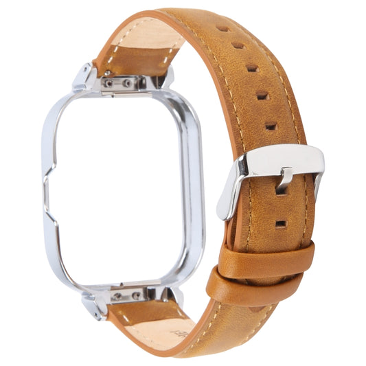 For Redmi Watch 4 Metal Silver Frame Genuine Leather Watch Band(Light Brown) by bashfashion