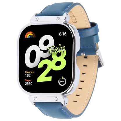 For Redmi Watch 4 Metal Silver Frame Genuine Leather Watch Band(Blue) by bashfashion