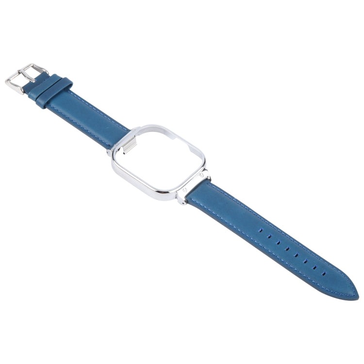 For Redmi Watch 4 Metal Silver Frame Genuine Leather Watch Band(Blue) by bashfashion
