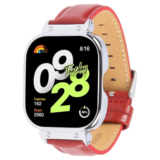 For Redmi Watch 4 Metal Silver Frame Genuine Leather Watch Band(Red) by bashfashion