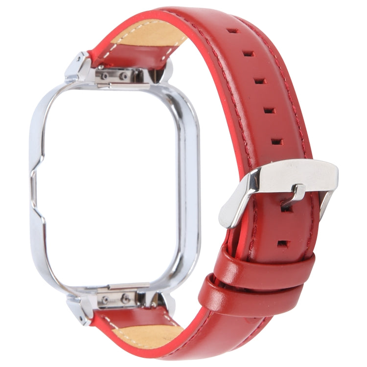 For Redmi Watch 4 Metal Silver Frame Genuine Leather Watch Band(Red) by bashfashion