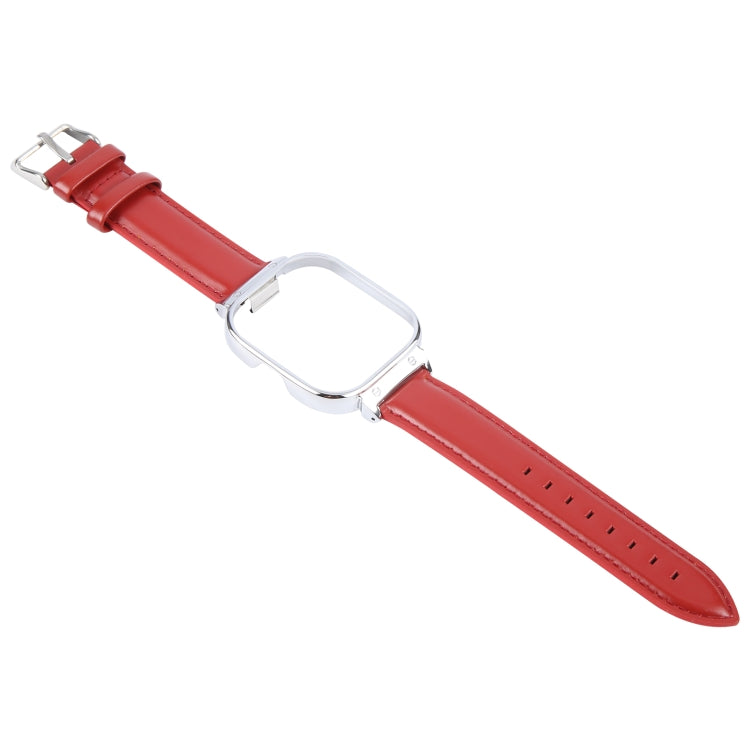 For Redmi Watch 4 Metal Silver Frame Genuine Leather Watch Band(Red) by bashfashion