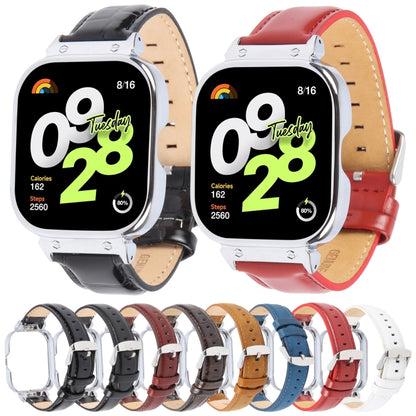 For Redmi Watch 4 Metal Silver Frame Genuine Leather Watch Band(Red) by bashfashion