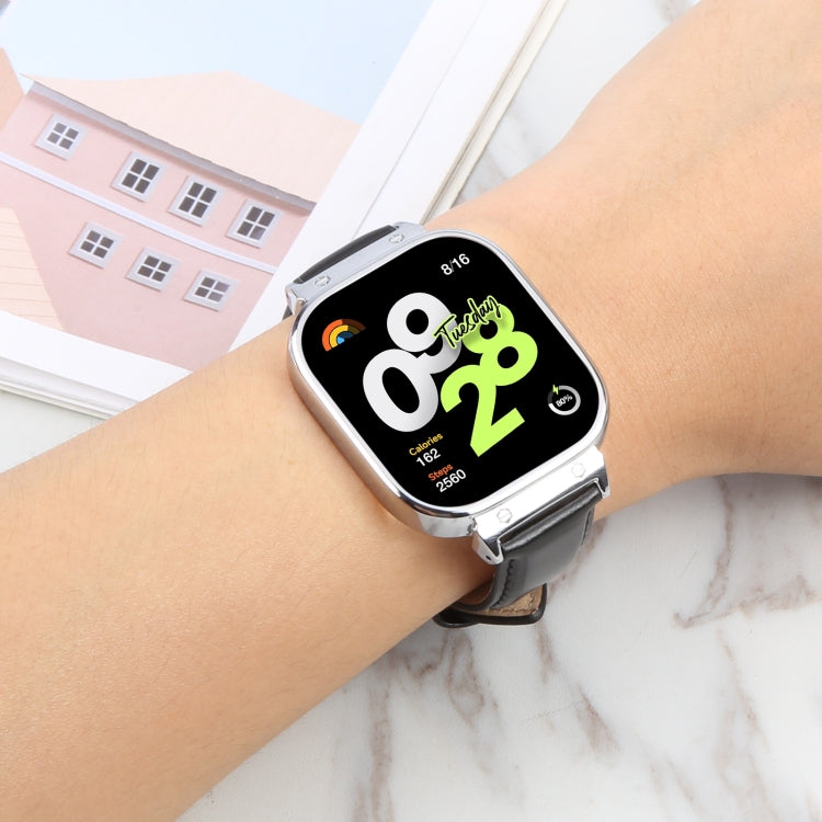 For Redmi Watch 4 Metal Silver Frame Genuine Leather Watch Band(Black) by bashfashion