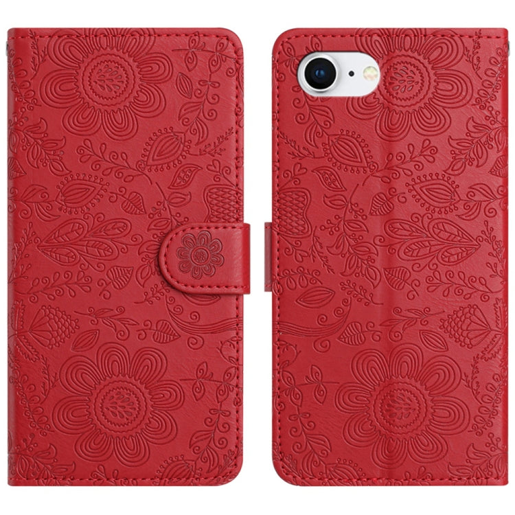 For iPhone 16e Floral Embossed Pattern Leather Phone Case(Red) by bashfashion