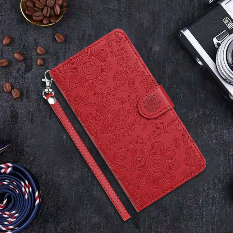 For iPhone 16e Floral Embossed Pattern Leather Phone Case(Red) by bashfashion