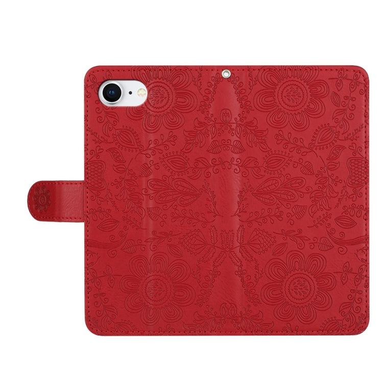 For iPhone 16e Floral Embossed Pattern Leather Phone Case(Red) by bashfashion