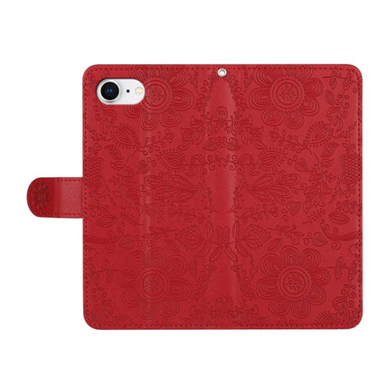 For iPhone 16e Floral Embossed Pattern Leather Phone Case(Red) by bashfashion