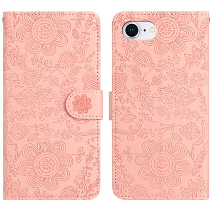 For iPhone 16e Floral Embossed Pattern Leather Phone Case(Pink) by bashfashion
