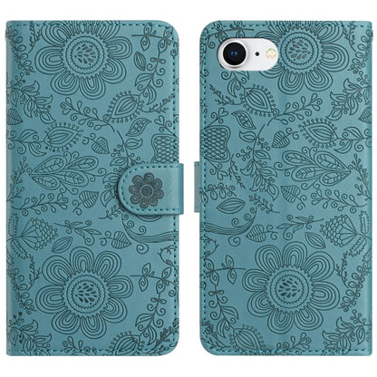 For iPhone 16e Floral Embossed Pattern Leather Phone Case(Dark Green) by bashfashion