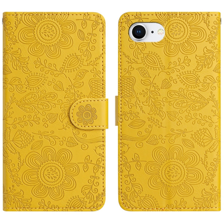For iPhone 16e Floral Embossed Pattern Leather Phone Case(Yellow) by bashfashion
