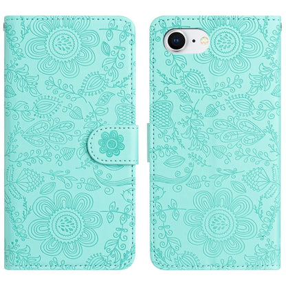 For iPhone 16e Floral Embossed Pattern Leather Phone Case(Light Green) by bashfashion